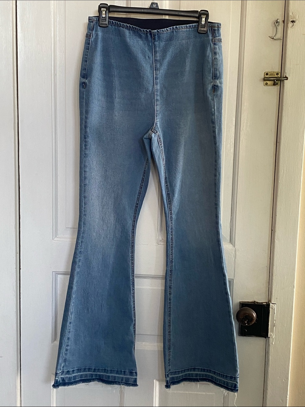 Juniors Light Blue Flare Fringe Bottom Jeans Pull On 7-9 No Boundaries